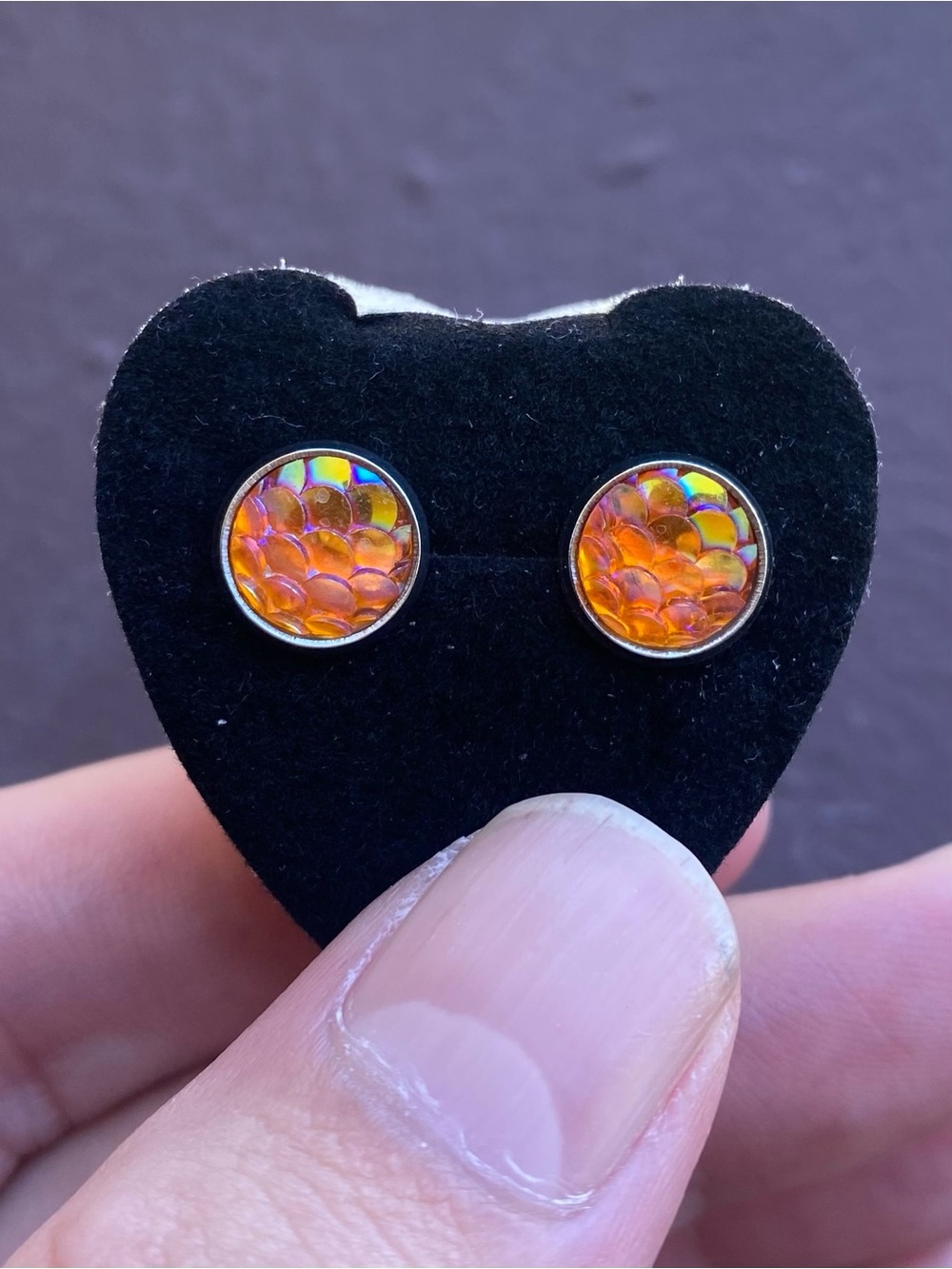 Orange Iridescent Dragon Scale Stainless Steel Stud Earrings